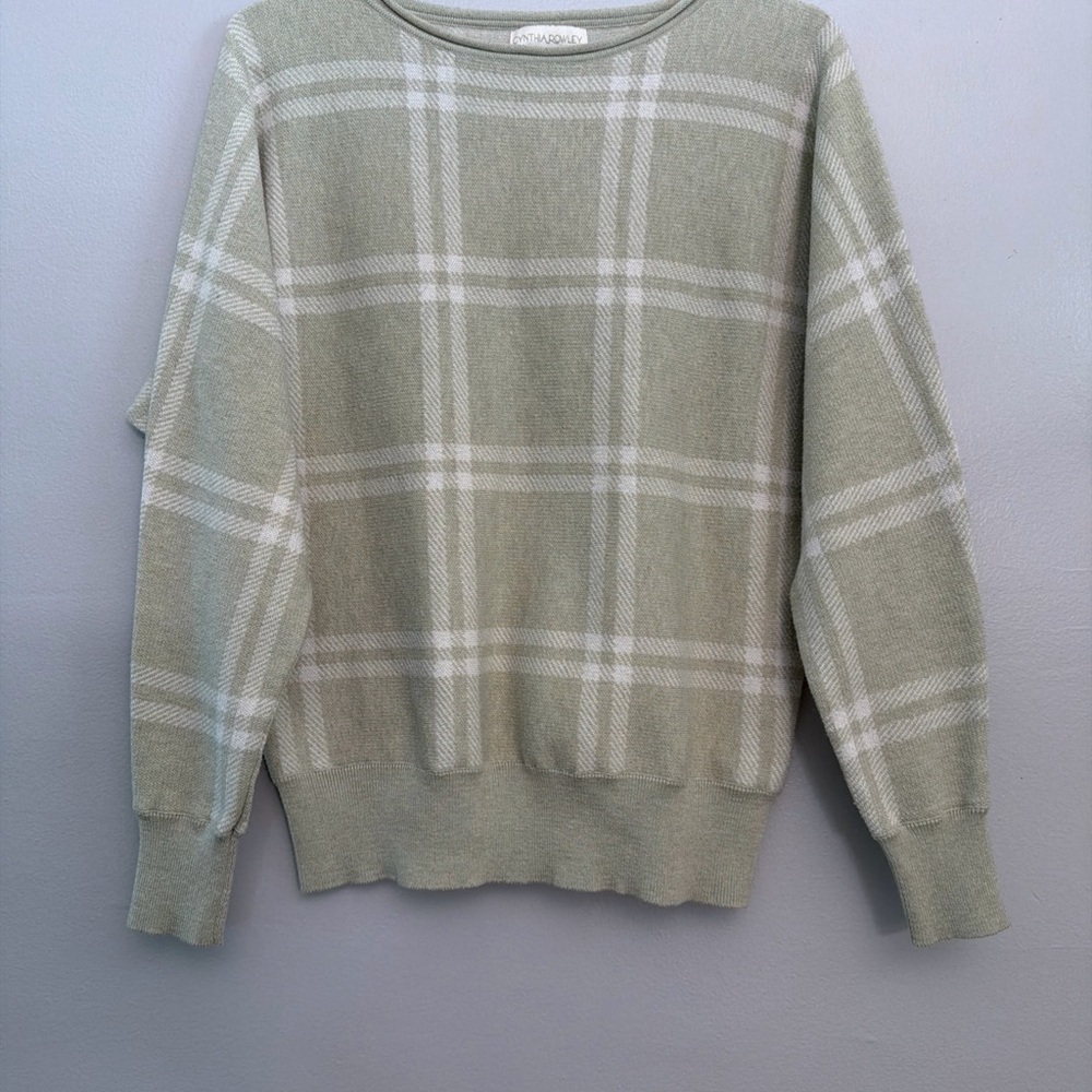 Cynthia Rowley Sage Green Plaid Sweater, Wool Blend, Round Neck, Size M